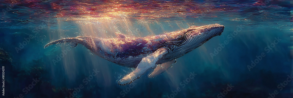 Fototapeta premium Majestic Humpback Whale Glides Gracefully Through Sunlit Ocean Waters Below the Surface