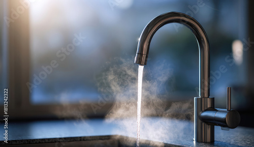 A modern faucet dispenses steaming hot water into a sink, creating a hazy mist in a brightly lit kitchen.