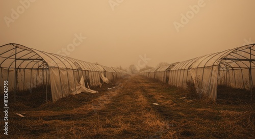 Abandoned Greenhouses in Hazy, Overcast Sky