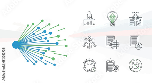 Abstract illustration showing data distribution from a central hub with various business and technology line icons representing innovation, global communication, and process management.