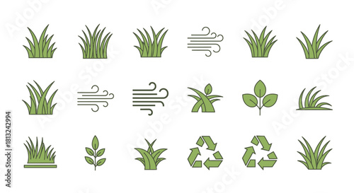 Set of flat design icons illustrating different forms of grass, wind movement, leaves, and eco-friendly recycling symbols.