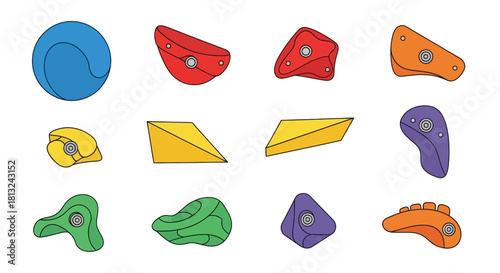 A collection of colorful and varied rock climbing holds for indoor and outdoor climbing walls, featuring different shapes and sizes.