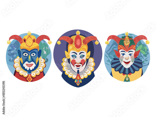 Three round aerial views showcase detailed jester illustrations. Each jester dons a vibrant, ornate costume and mask, exhibiting unique expressions. Hong Kong inspired artistry is evident in the.