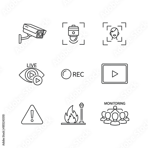 Security and Surveillance Icon Set camera cctv monitoring video live recording facial recognition face detection warning hazard fire