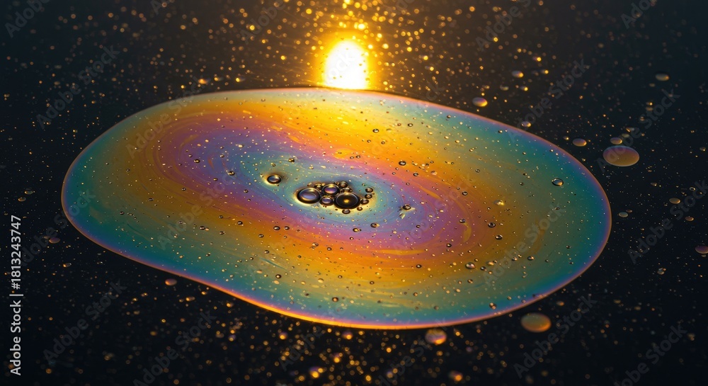 Naklejka premium Abstract Rainbow Oil Slick with Bubbles and Light Reflections