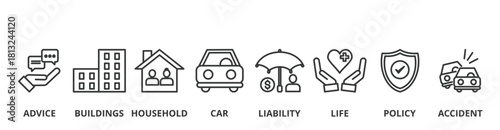 Insurance banner vector illustration concept with icon of advice, buildings, household, car, liability, life, policy and accident