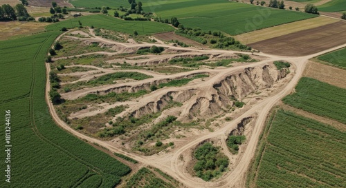 Aerial View of a Dirt Track and Agricultural Fields