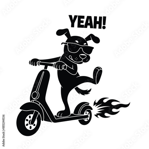Cool Dog Riding Scooter with Flames cartoon sunglasses fun vector illustration animal pet transportation vehicle black white silhouette