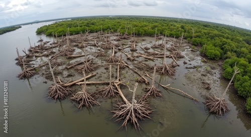 Aerial View of Dead Mangrove Trees with Exposed Roots in Muddy Water