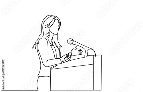 continuous line drawing of a woman standing at a podium, speaking into a microphone with expressive hand gestures.Concept of speech, presentation, speaker, conference, and giving instructions.