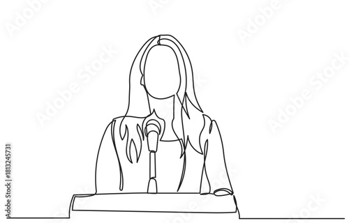 continuous line drawing of a woman standing at a podium, speaking into a microphone with expressive hand gestures.Concept of speech, presentation, speaker, conference, and giving instructions.