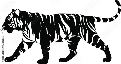 Silhouette of a tiger walking isolated on white background.