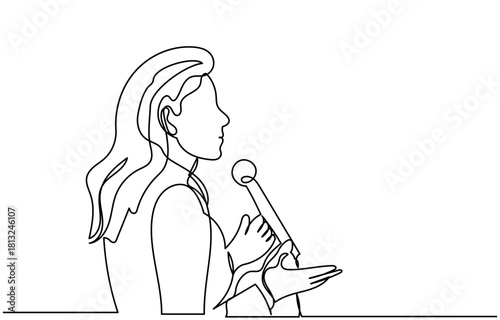 continuous line drawing of a woman standing at a podium, speaking into a microphone with expressive hand gestures.Concept of speech, presentation, speaker, conference, and giving instructions.