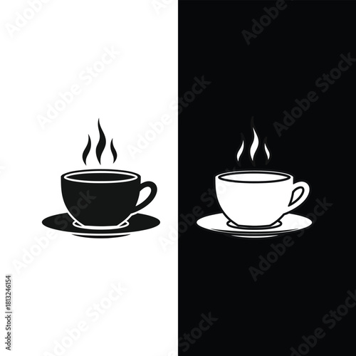 Hot Drink Cup on Black and White Background coffee tea steam saucer monochrome illustration beverage caffeine aroma minimalist graphic