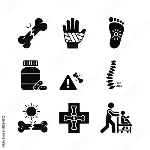 Medical and Healthcare Icons Set broken bone fracture hand bandage foot pain neuropathy medication pills spine spinal loss of height