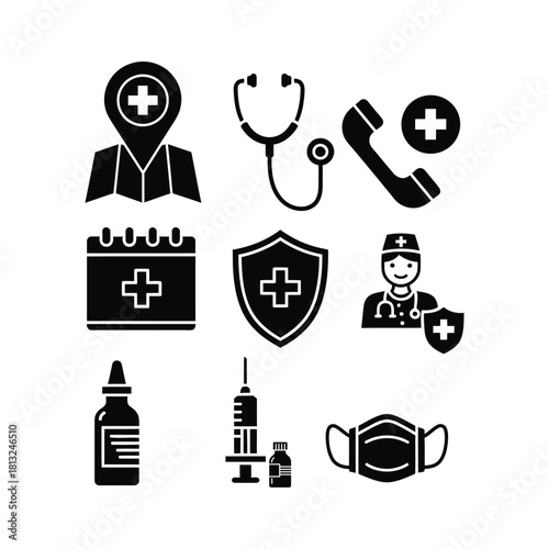 Medical and Healthcare Icons Set in Black and White stethoscope syringe mask doctor nurse medicine hospital clinic pharmacy treatment