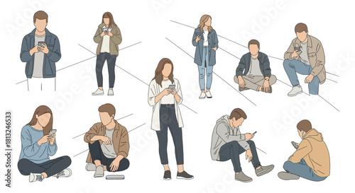 young men and women using smartphones in casual poses a minimalist illustration depicting modern digital communication and screen time.