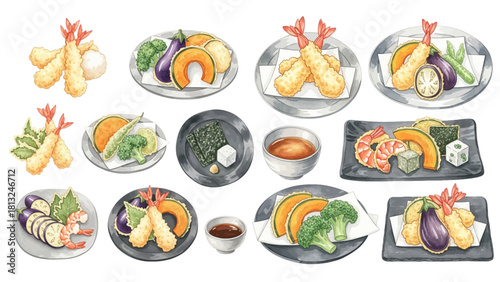 Collection of various Japanese tempura dishes featuring crispy fried shrimp and assorted vegetables like pumpkin and eggplant, presented on plates with sauce.