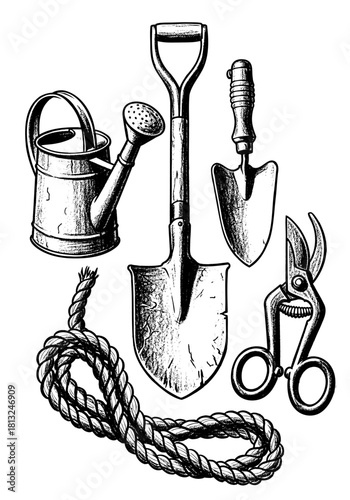 Vintage Gardening Tools Collection - Hand Drawn Black and White Sketch