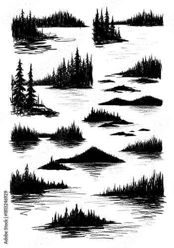 Hand-drawn collection of forest landscapes. Charcoal pencil sketch of pine trees on a lake shore with water reflection.