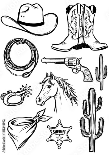 Hand Drawn Wild West Set of Cowboy Icons including Hat, Boots, Revolver, Horse, and Sheriff Badge in Sketch Style