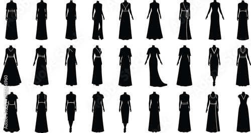 Fashion silhouette collection of elegant long dresses and gowns for women, perfect for fashion design, boutique branding, and style illustration.