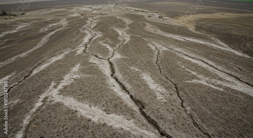 Aerial View of Eroded Farmland with Deep Cracks