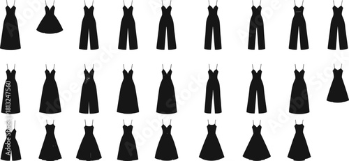 Fashion vector collection of women’s dresses and jumpsuits silhouettes, perfect for clothing design, boutique branding, and apparel illustration use.