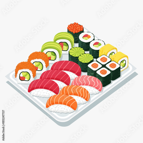 Assorted Japanese Sushi Platter with Nigiri, Maki, and Uramaki in Artistic Presentation