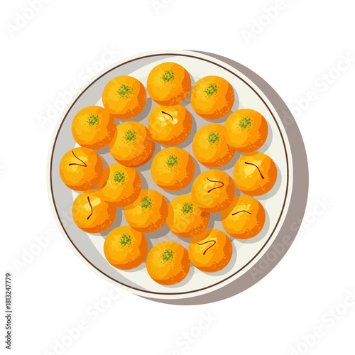 Traditional Indian Laddu Sweets Illustration on White Plate for Festival and Celebration