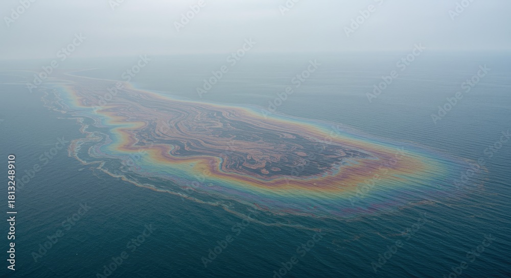 Obraz premium Aerial View of Oil Spill Rainbow Sheen on Ocean Surface