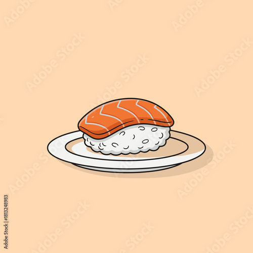 Cute Salmon Nigiri Sushi Illustration on Plate