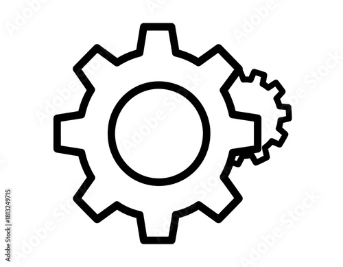 Black and white gear icons, representing mechanics and industry. Two gears are engaged