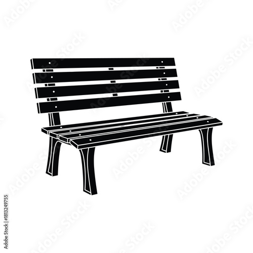 Black silhouette of a wooden park bench with visible slats and legs wooden bench black and white