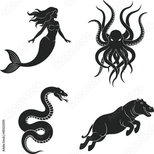 Minimalist solid black silhouettes of mermaid, kraken, sea serpent, and hippocampus for vector design use
