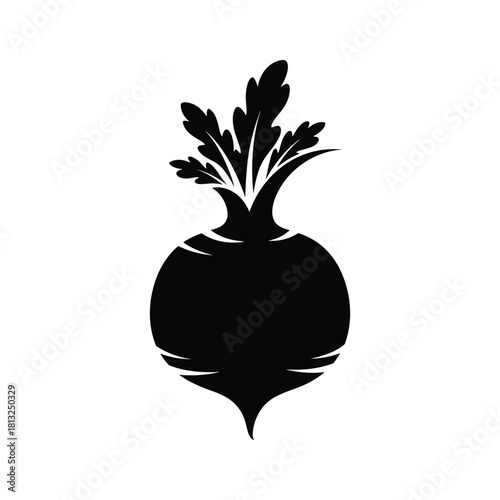 Black silhouette of a beet with green leaves on white background root vegetable black and white