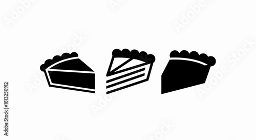 Vector illustration of three black silhouette icons of pie slice in different styles isolated on a white background