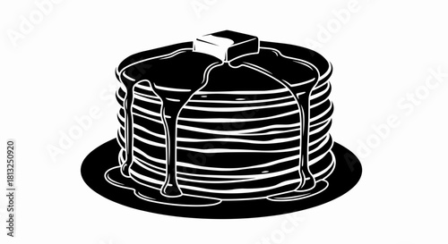 Vector illustration of black and white icon graphic of a stack of pancakes topped with butter and syrup isolated on a white background