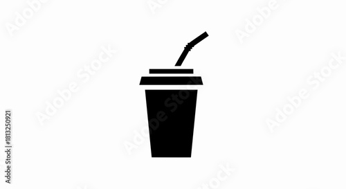 Vector illustration of black silhouette icon of a disposable cup with a lid and straw, isolated on a white background