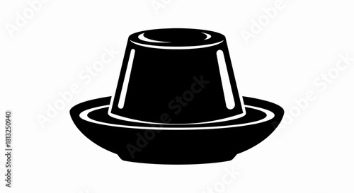 Vector illustration of black and white icon of a flan or pudding dessert served upside down on a small plate, isolated on a white background
