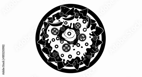 Vector illustration of black and white icon or logo of a round pizza topped with various ingredients, isolated on a white background