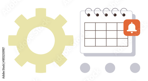 Gear alongside a calendar with a notification bell, symbolizing task management, productivity, scheduling, and organization. Ideal for concepts thumbs up workflow, reminders, planning, efficiency