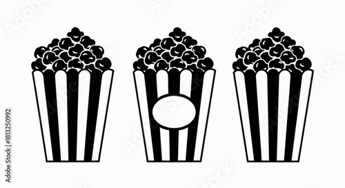 Vector illustration of three black and white striped popcorn boxes filled with popcorn, isolated on a white background