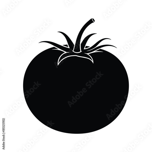 Black silhouette of a ripe tomato with green stem and leaves white food