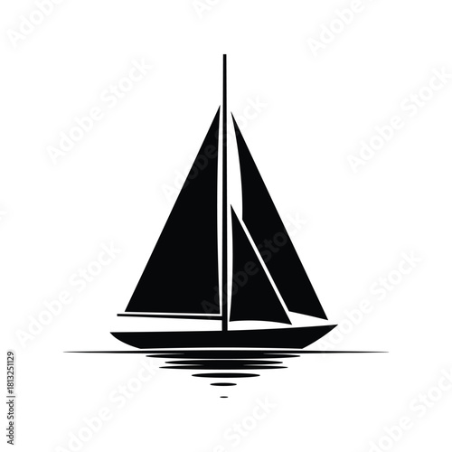 Black silhouette of a sailboat with ripple reflection on white water