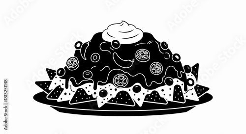 Vector illustration of black and white illustration of a large pile of loaded nachos with cheese, olives, and sour cream isolated on a white background