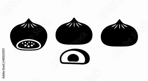 Vector illustration of black and white icon set of steamed bun or dumpling with filling view, isolated on a white background