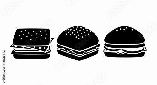 Vector illustration of set of three black and white icons representing different styles of hamburger sandwich isolated on a white background