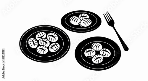 Vector illustration of black and white illustration of three plates of dumplings served with a fork, isolated on a white background