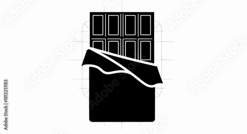 Vector illustration of black and white icon of a chocolate bar partially unwrapped, isolated on a white background